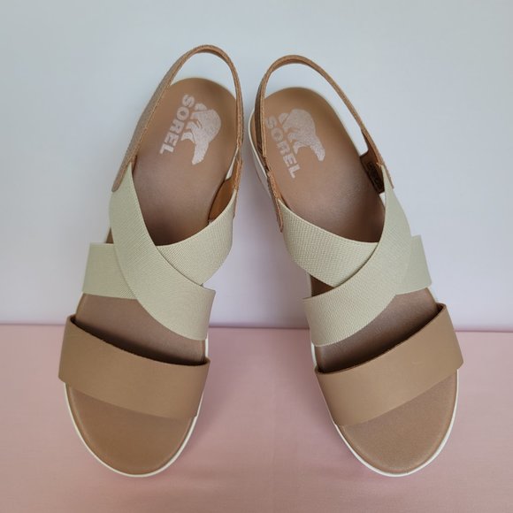 SOREL Cameron Flatform Slingback Leather/Fabric Sandals-Honest Beige/Chalk Size9 - Picture 6 of 16